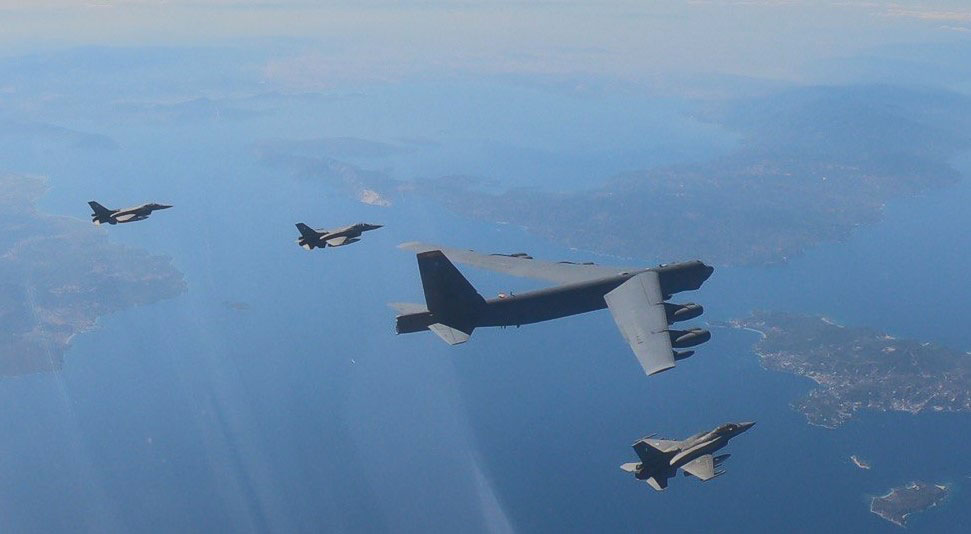 US bomber B-52 Stratofortress over Skiathos escorted by 4x HAF F-16s