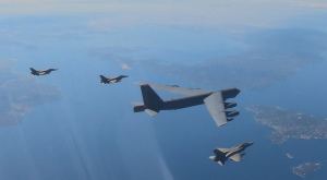 US bomber B-52 Stratofortress over Skiathos escorted by 4x HAF F-16s